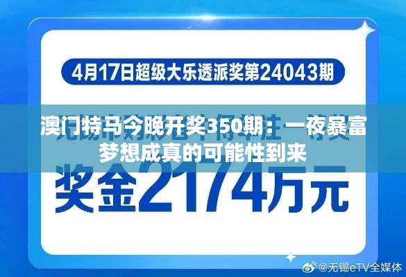 澳門特馬今晚開獎350期:一夜暴富夢想成真的可能性到來