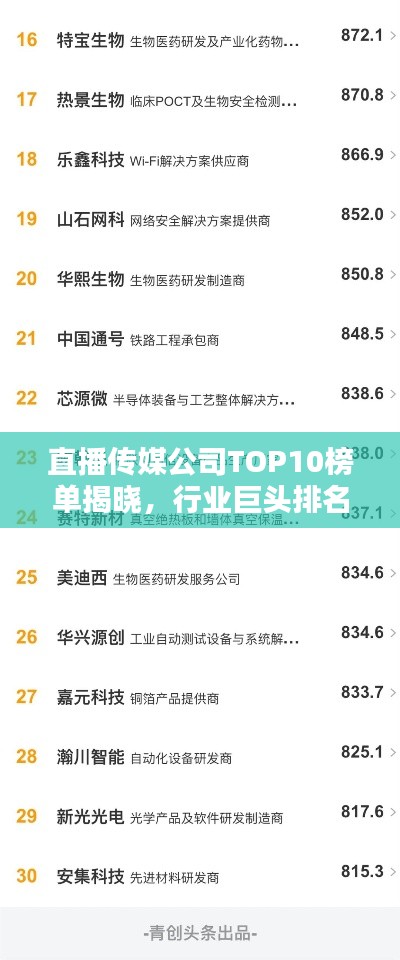 直播傳媒公司TOP10榜單揭曉，行業巨頭排名及影響力解析