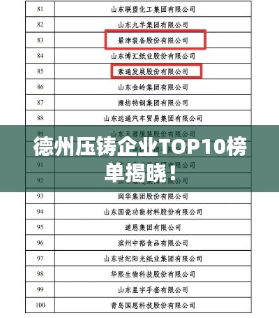 德州壓鑄企業TOP10榜單揭曉!