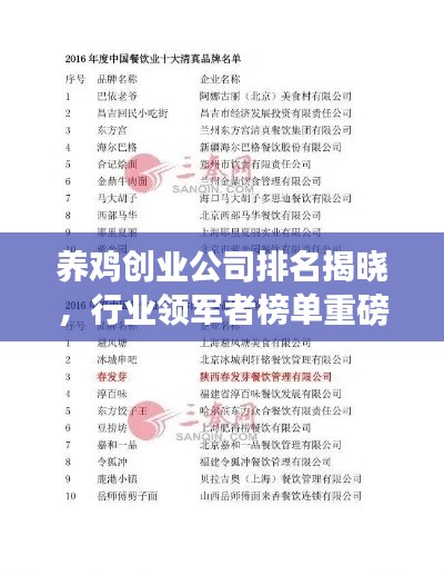 養(yǎng)雞創(chuàng)業(yè)公司排名揭曉,行業(yè)領(lǐng)軍者榜單重磅出爐!